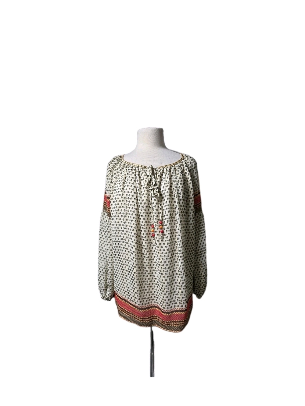 Boho Peasant Blouse in Cream with Red Accent